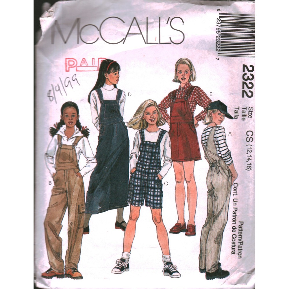 McCall's 2322 Girls Overalls Jumper Sewing Pattern Size 12-16 cut Vintage 1999